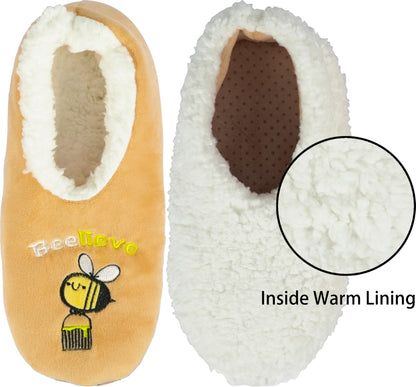 BenSorts Women Slipper Socks with Grippers House Winter Warm Cozy Funny Fuzzy Non Slip Grips Socks Gift Orange Bee Size 7 8 8.5