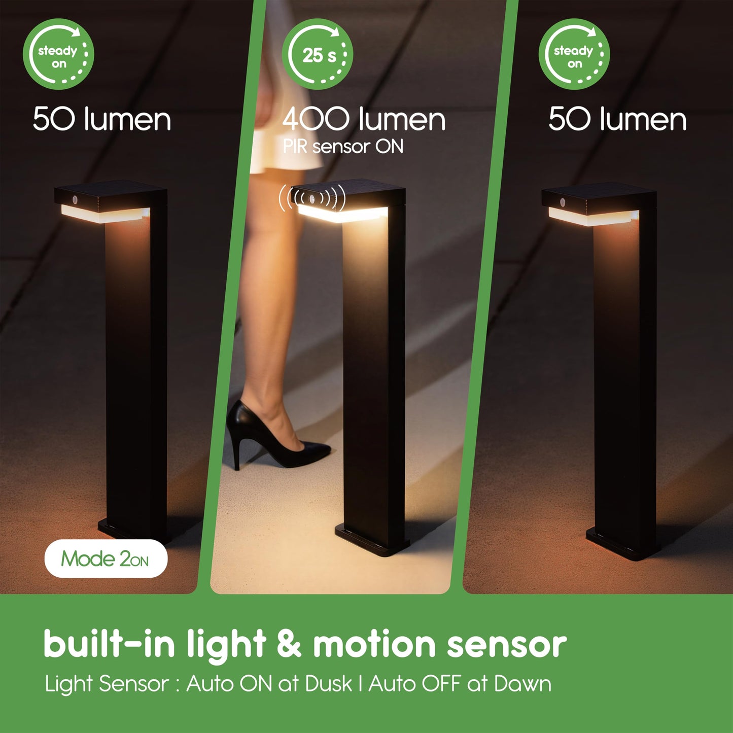 VerLuce - Solar Pathway Lights - Walkway Solar Lights for Outside - PIR Sensor & Two Lighting Modes - Rechargeable Battery Lasts Up To 55 Hours - 3000K - IP44 Weather Resistant - 4 Pack - 20.5" Height
