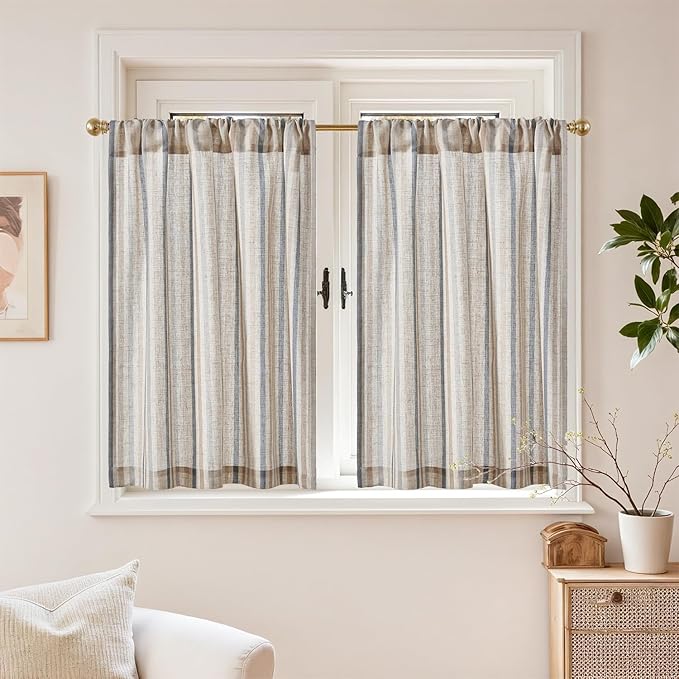 jinchan Colorful Striped Linen Kitchen Curtains 36 Inch Christmas Tier Curtains Farmhouse Modern Cafe Small Window Treatments Light Filtering Rod Pocket for Living Room Bathroom 2 Panels Multi Blue