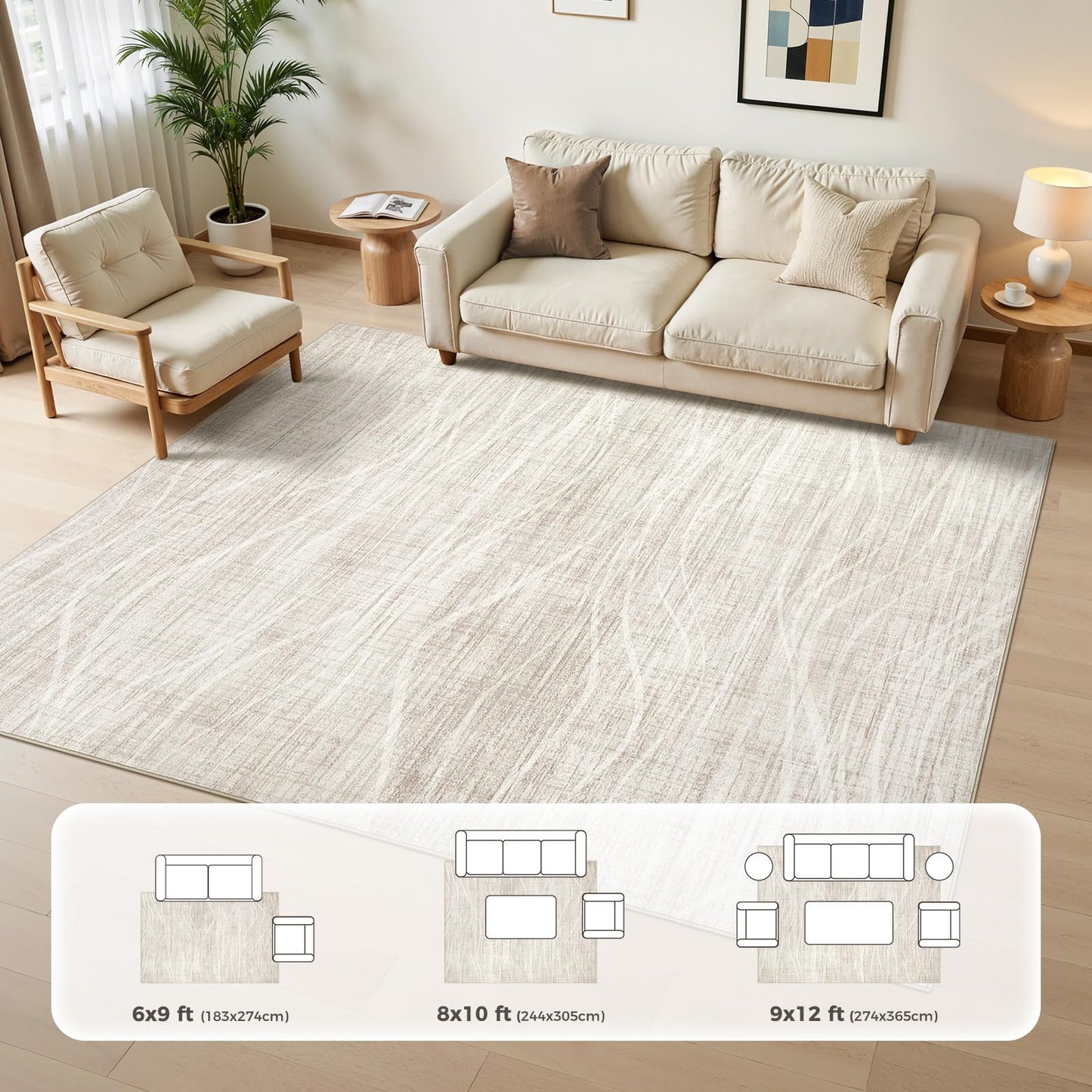 WITSHOCK Washable Rugs 8x10 Modern Area Rugs, Thin Rug for Living Bedroom Dining Room Nursery Kitchen Office, Wave Striped Rugs Indoor Carpet Soft Non Slip Stain Resistant Home Decor, Beige