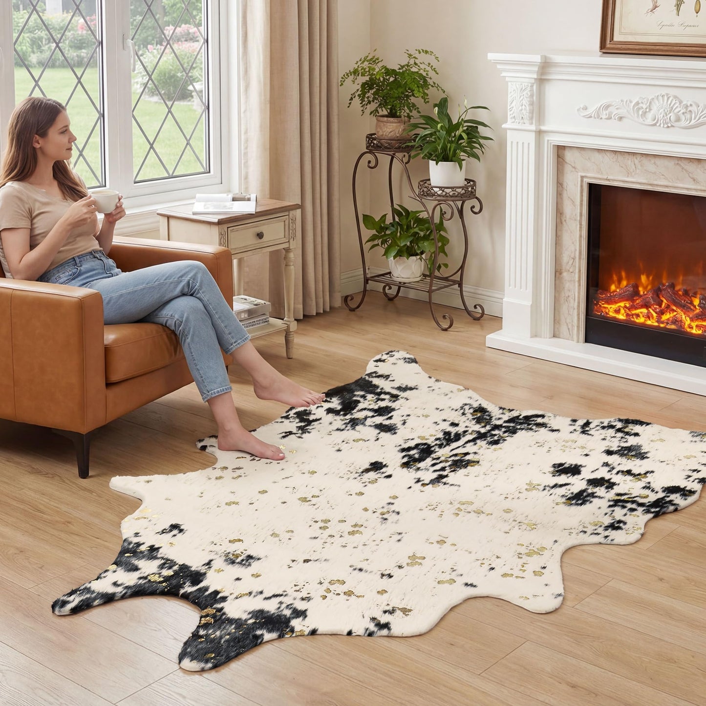 JONIYEAR Large Durable Faux Cowhide Area Rug 4.9 x 6.56 Feet, Premium Cow Print Rug for Living Room Bedroom, Durable Faux Fur Animal Cow Hide Carpet for Western Farmhouse Decor, Black and Gold Spot