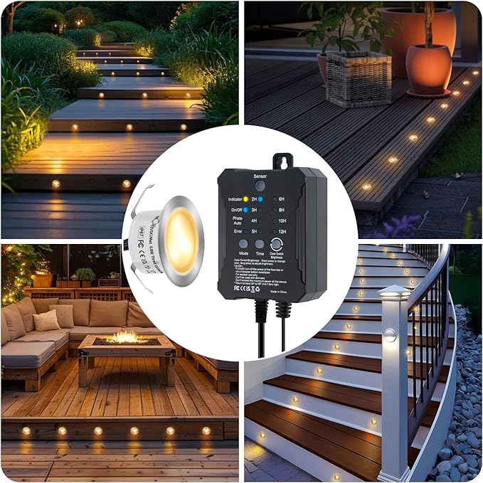 Low Voltage Deck Lights Recessed Kit with Transformer Dimmable Timer and Photocell Sensor Outdoor LED Deck Lighting 3CCT 2700K-5000K IP67 Waterproof for Stair Patio Yard 10 Packs