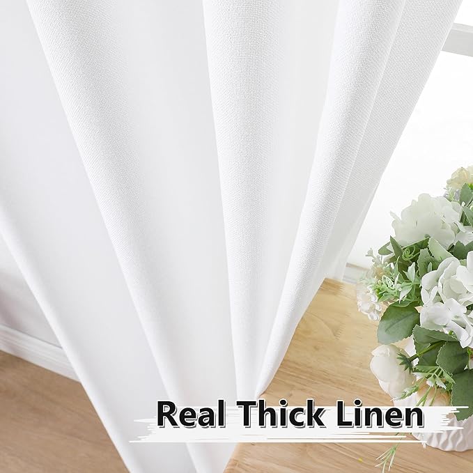 Tollpiz Linen Tier Curtains Rod Pocket Semi Sheer Short Kitchen Curtain Half Burlap Light Filtering Thick Linen Drape for Bathroom, 30 x 30 inches Long, White, Set of 2 Panels