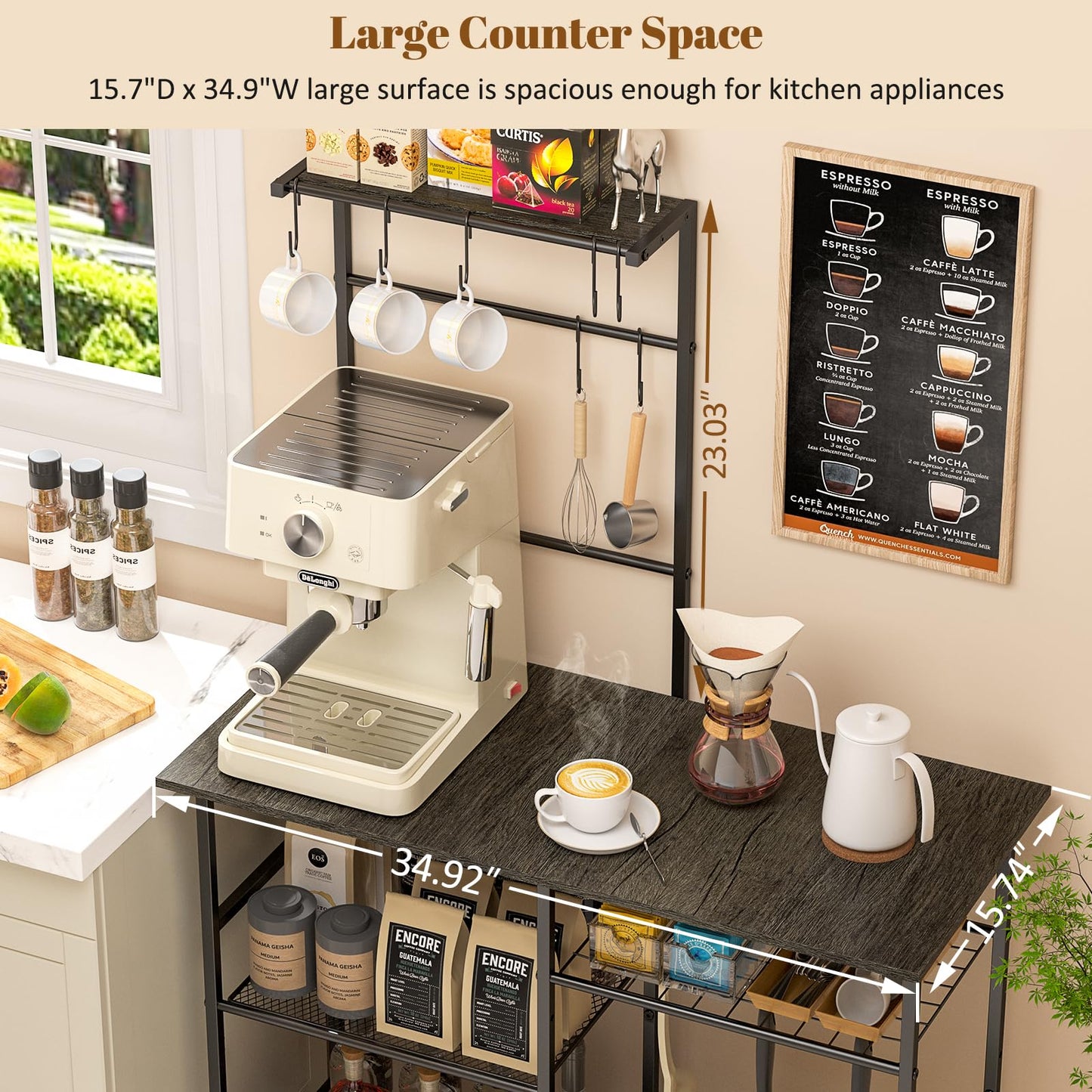 Baker's Rack for Kitchen with Storage, Microwave Stand with Adjustable Shelves and 10 S Hooks, 6-Tier Coffee Bar Station, Kitchen Shelves for Spices, Pots, Rustic Brown