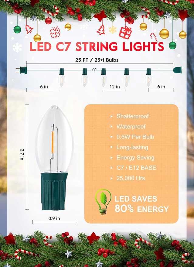 50FT C7 LED Christmas Lights, Outdoor Vintage String Lights with 52 Bulbs(2 Spare), Commercial Hanging Christmas Lights for Xmas Holidays Roofline Patio Garden Party Wedding Decor