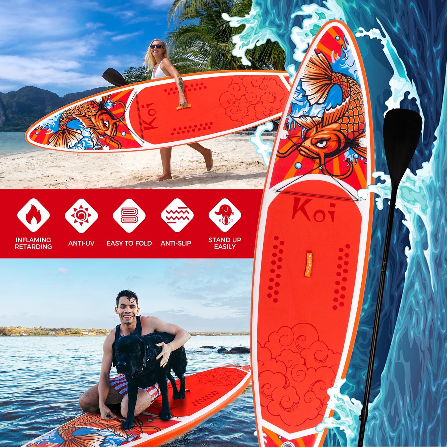 FEATH-R-LITE Inflatable Paddle Board Stand Up Paddleboards for Adults SUP with Premium Accessories Pump, Adjustable Paddle, Leash, Three Fins, Backpack (Red Koi)