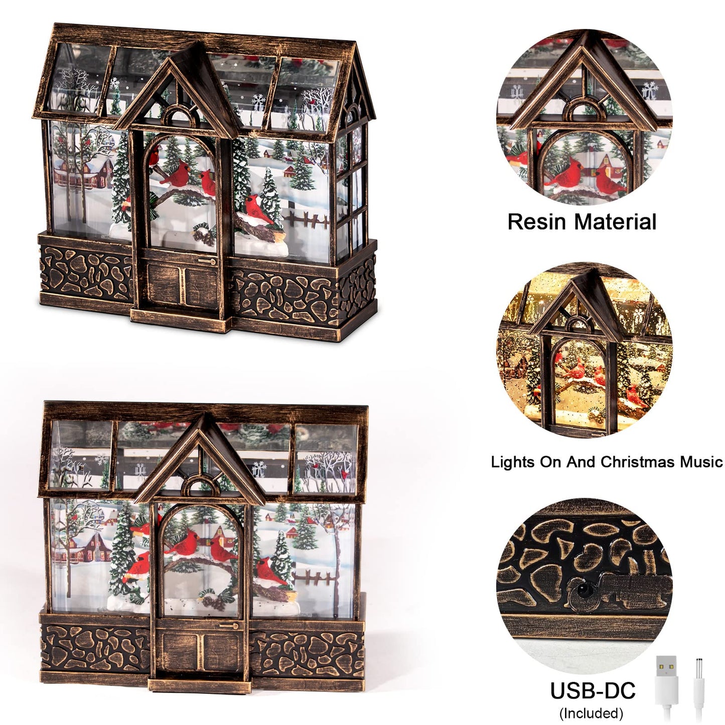 Christmas Lantern Snow Globe, Cardinal Music Box with 8 Songs, 6H Timer Battery Operated & USB Powered Suitable for Christmas Home Decorations Holiday Table Party Decor Gifts