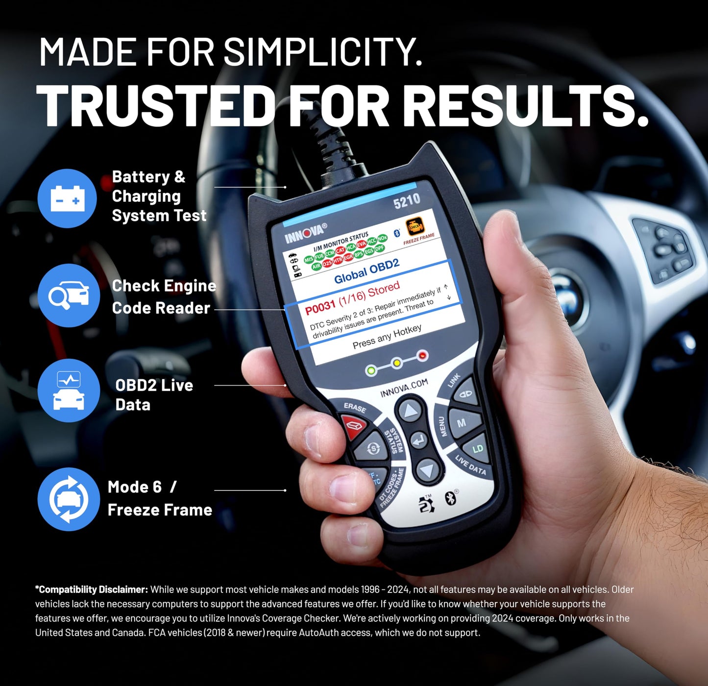 Innova 5210 OBD2 Scanner & Engine Code Reader, Battery Tester, Live Data, Oil Reset, Car Diagnostic Tool for Most Vehicles, Bluetooth Compatible with America's Top Car Repair App