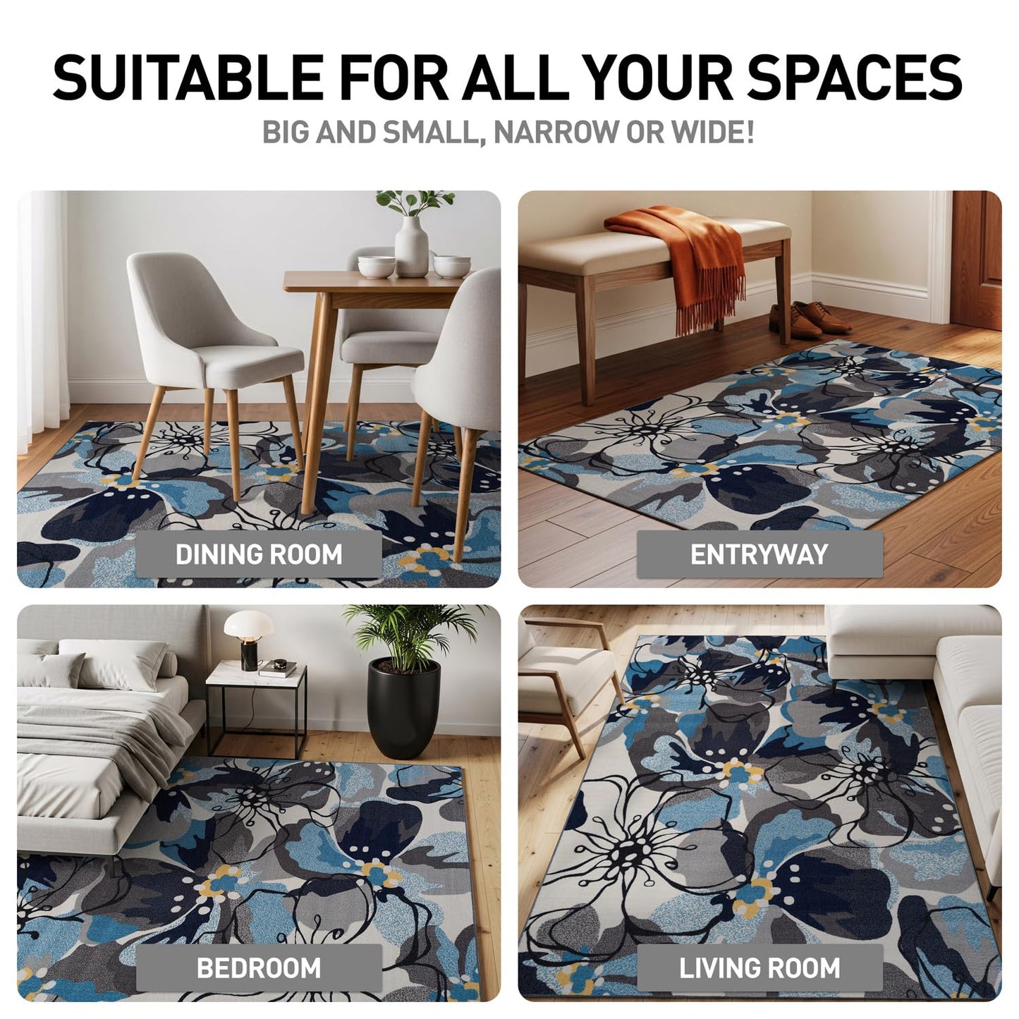 Rugshop Contemporary Gray-Blue Large Floral Non-Slip Area Rug for Living Room Bedroom,Kitchen Entryway 5'3" x 7'3" -Blue
