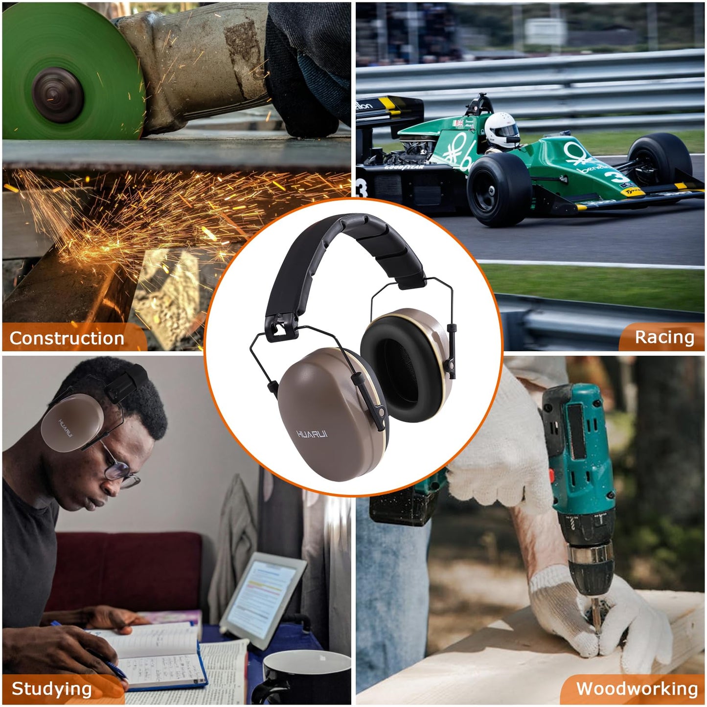 HUARUI Hearing Protection Ear Muffs SNR 29dB Noise Cancelling Headphones for Adults Kids Autism,Safety Earmuffs for Hunting,Shooting, Mowing, Construction (YBrown)