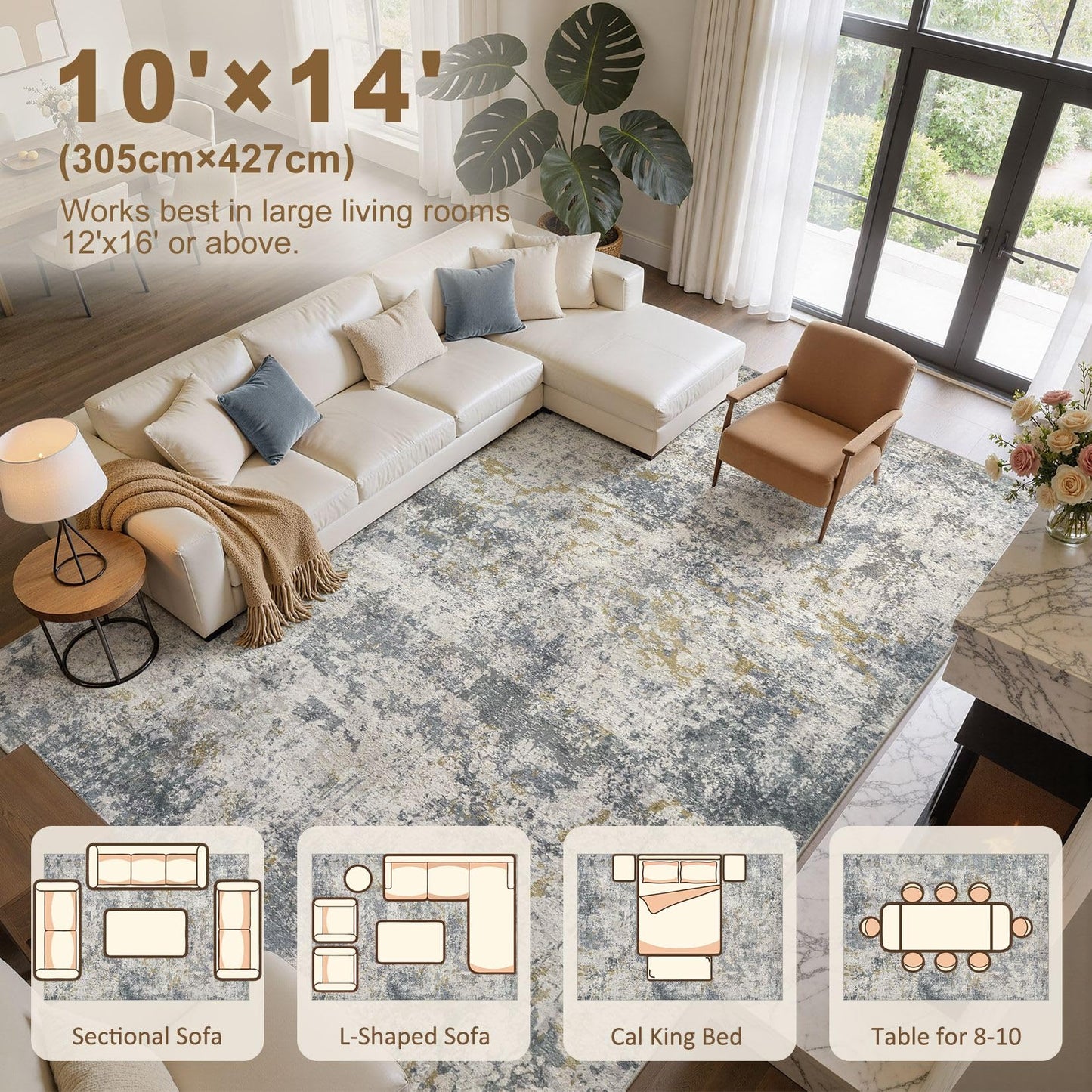 kakania 10x14 Washable Area Rug: Abstract Modern Non Slip Soft Low Pile Carpet, Easy Clean Polyester Kid Pet Friendly, Thin Rug for Living Room Bedroom Kids Dorm Office, Robot Vacuum - Blue Grey