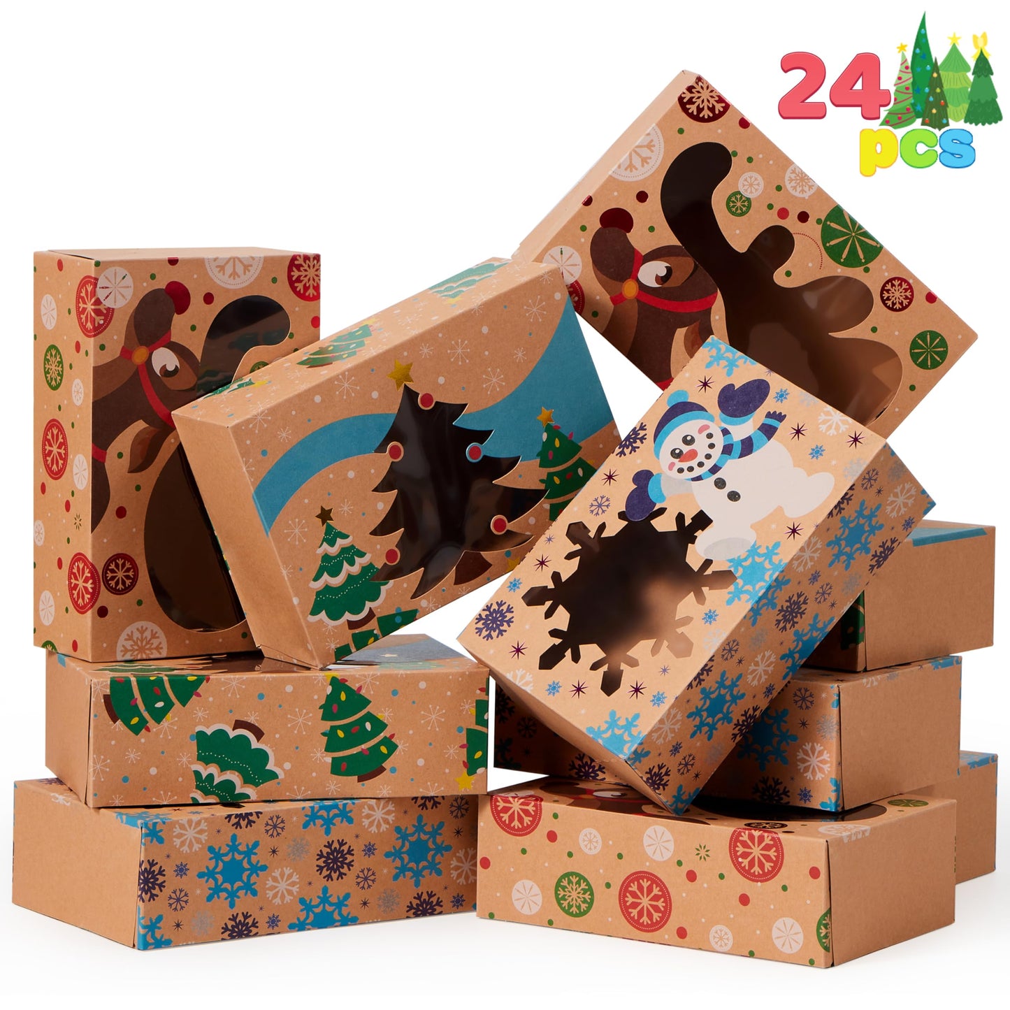 JOYIN 24PCS Christmas Cookie Boxes for Gift Giving, 8.5" x 5.75" x 2.75" Xmas Holiday Treat Cookie Tin with Window, 3 Designs Brown Foiled Kraft Bakery Boxes for Pastries, Cupcakes, Brownies, Doughnut