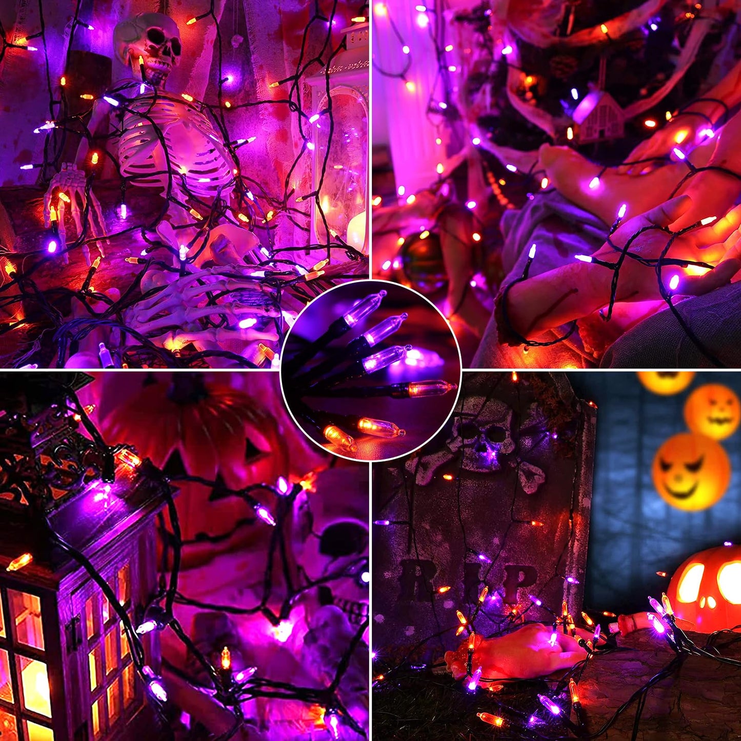 VTECHOLOGY 100 LED Motion Sensor Orange & Purple Halloween String Lights,33ft USB & Battery Operated Halloween Light String with Spooky Music for Halloween Holiday Indoor Decor
