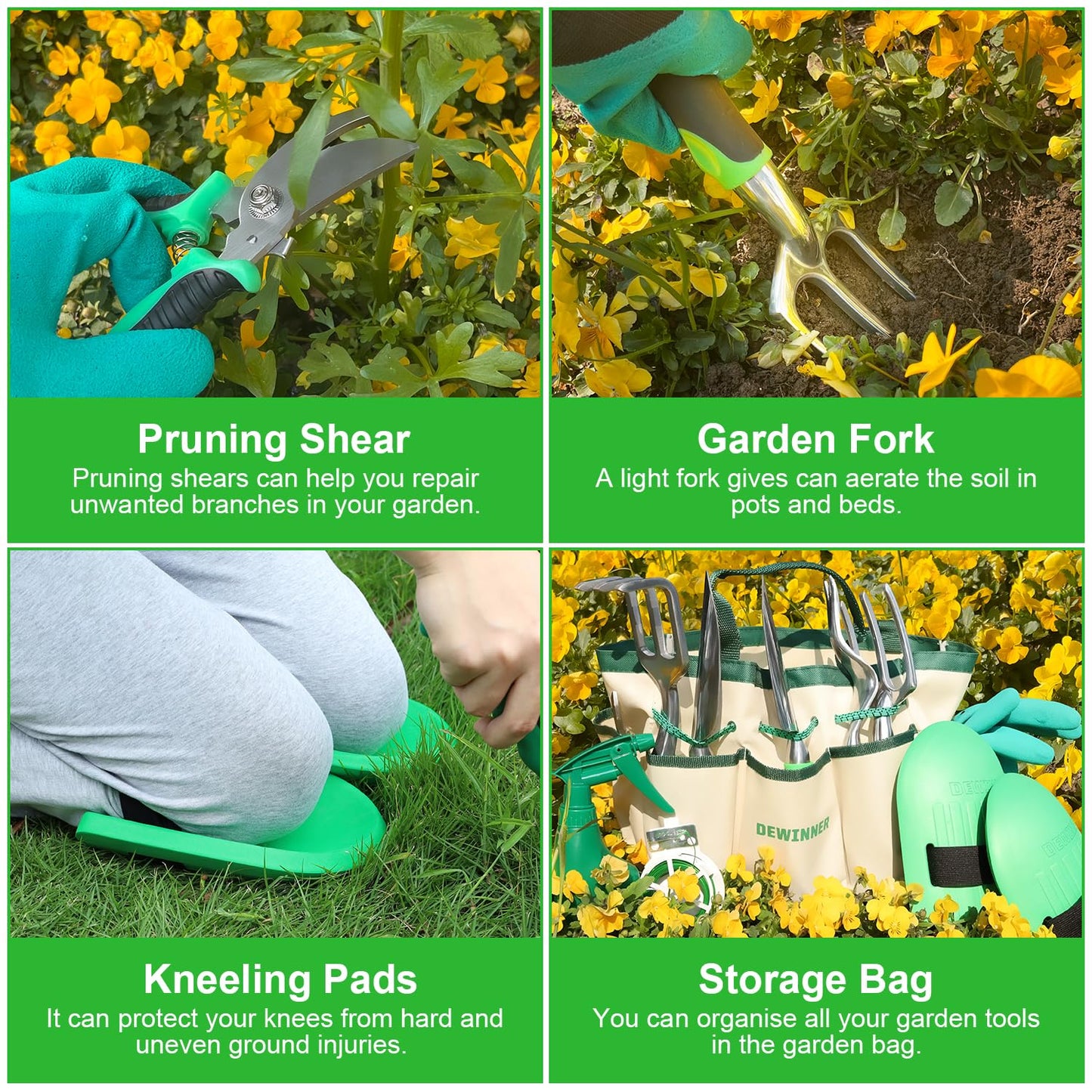 DEWINNER 11 PCS Garden Tools Set, Gardening Sets with Tool Bag, Heavy Duty Garden Hand Tools and Equipment, Stainless Steel Gardening Gifts for Women men