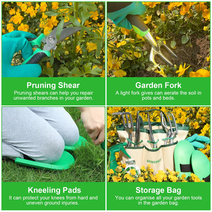 DEWINNER 11 PCS Garden Tools Set, Gardening Sets with Tool Bag, Heavy Duty Garden Hand Tools and Equipment, Stainless Steel Gardening Gifts for Women men