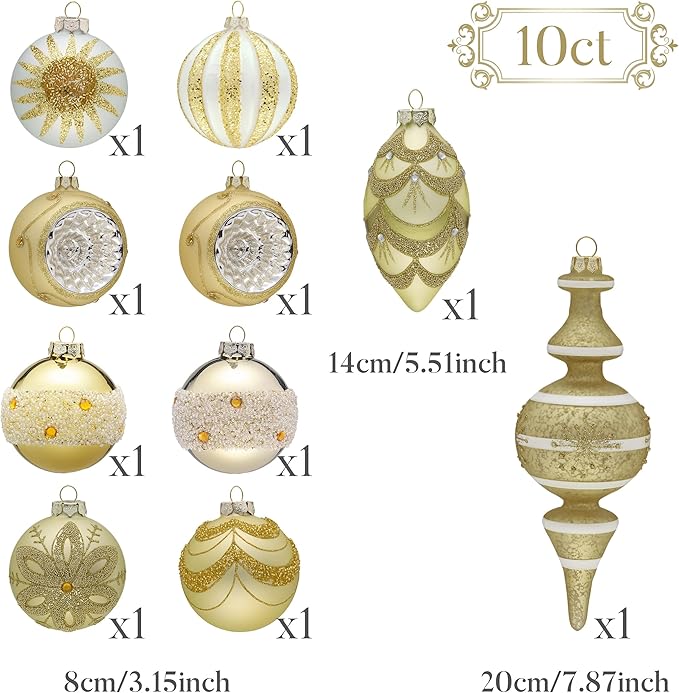 Valery Madelyn Glass Christmas Ornaments Set, 10ct White Gold Mercury Blown Glass Christmas Tree Ball Decorations, Luxury Xmas Hanging Teardrop Finial Faceted Reflector for Holiday Decor