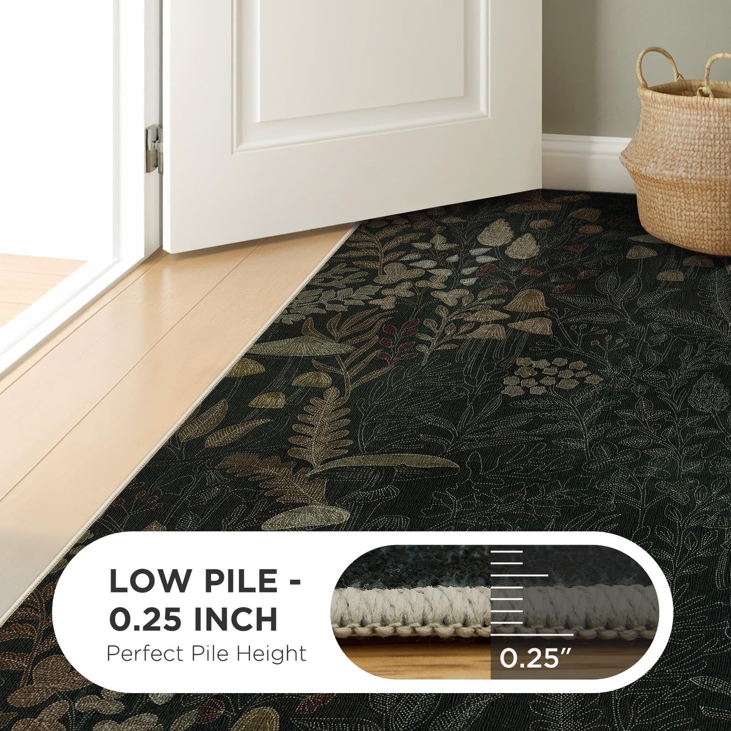 Joydeco Mushroom Washable 8x10 Area Rugs for Living Room, Boho Floral Bedroom Rug Non Slip, Soft Botanical Low-Pile Floor Indoor Throw Carpet for Dining Dorm Home Office, Black-Brown