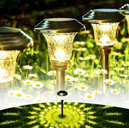 BEAU JARDIN 4 Pack Metal Garden Solar Lights Outdoor Waterproof 900mAh LED Solar Stake Lights Weatherproof Glass Lens Stainless Steel Pathway Lighting Sun Powered Landscape Lawn [Energy Class A]