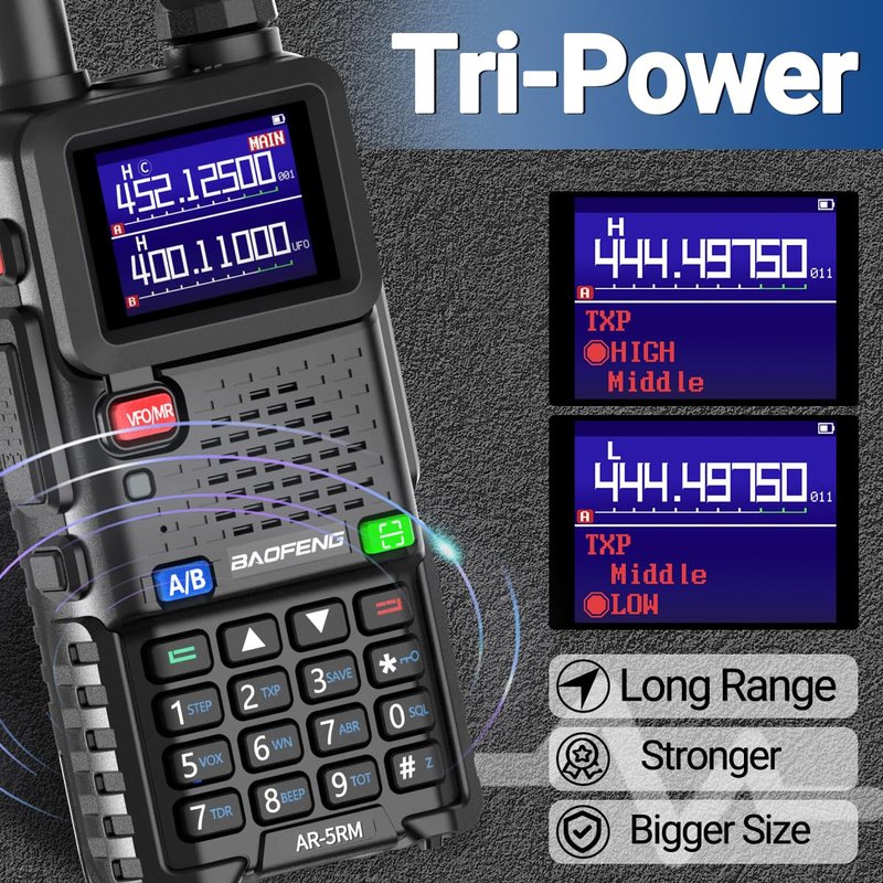 Ham Radio Baofeng Radio 5RM 10W Long Range Handheld AR-5RM Two Way Radio UV-5R NOAA Weather Receiver Rechargeable Walkie Talkies Longe Range DTMF Copy Frequency 999CH with Type C Charging(1 Pack)