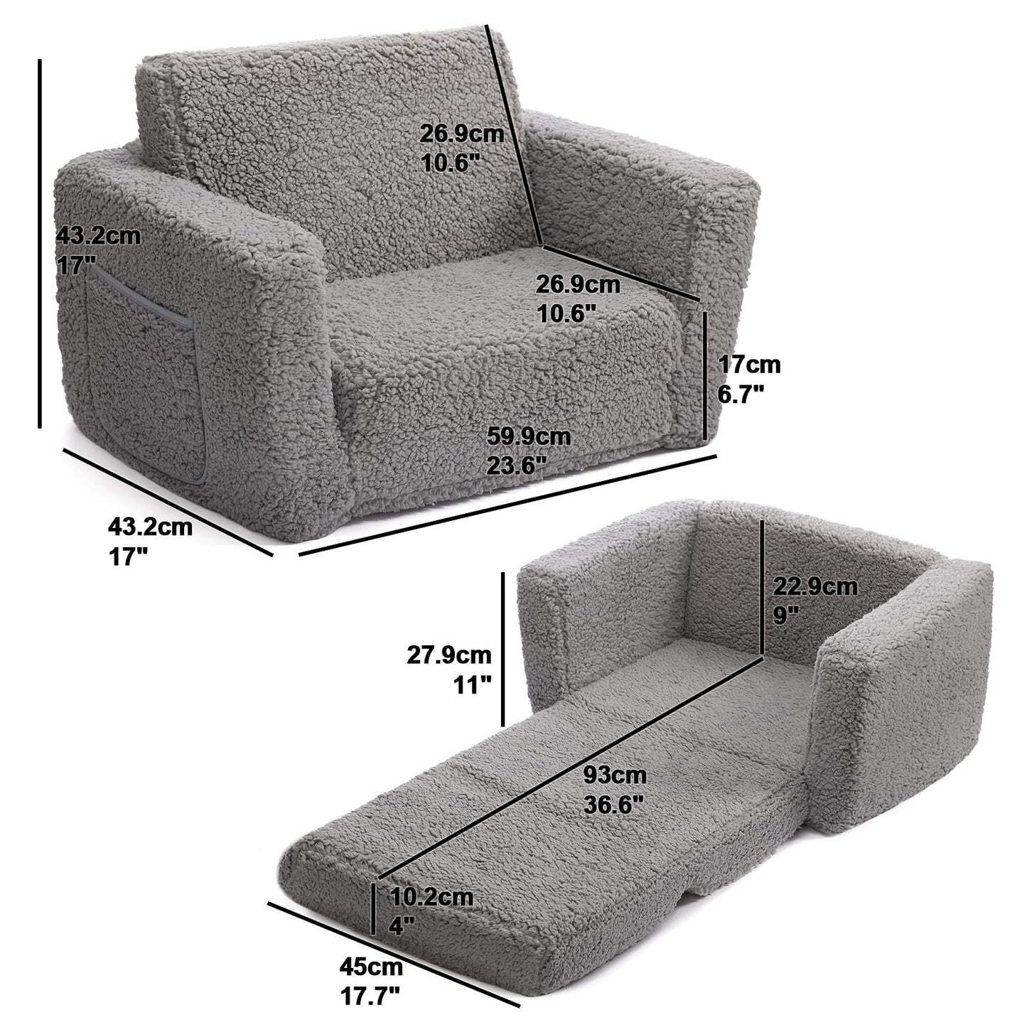 BEJOY Kids Sofa Bed 2-in-1 Flip Out Cuddly Sherpa Toddler Couch Convertible Chair to Lounger Children Sofa Bed Children's Day and Birthday Gift for Girls Boys, Grey