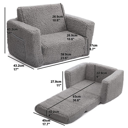 BEJOY Kids Sofa Bed 2-in-1 Flip Out Cuddly Sherpa Toddler Couch Convertible Chair to Lounger Children Sofa Bed Children's Day and Birthday Gift for Girls Boys, Grey