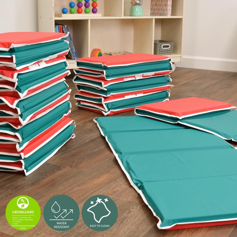 Children's Factory Toddler Nap Mats, Hand-Washable Soft Nap Mat with Pillow for Preschool and Daycare, Red and Green, Set of 10