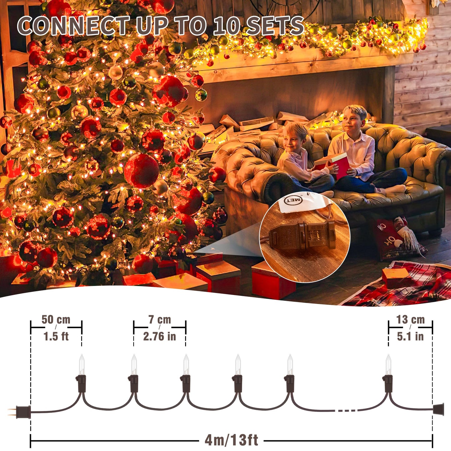 YOUNGAR 13FT 50 Clear Christmas Lights Outdoor, Approved Christmas Tree Lights with Brown Wire, Incandescent Mini Light Plug in for Indoor Outdoor Tree Patio Garden Xmas Decor