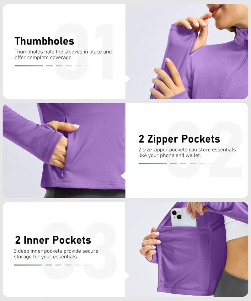 Soothfeel Women's UPF 50+ Sun Protection Athletic Jacket Lightweight Crop Zip Up Long Sleeve SPF Shirts Hiking Workout Pocket Purple M