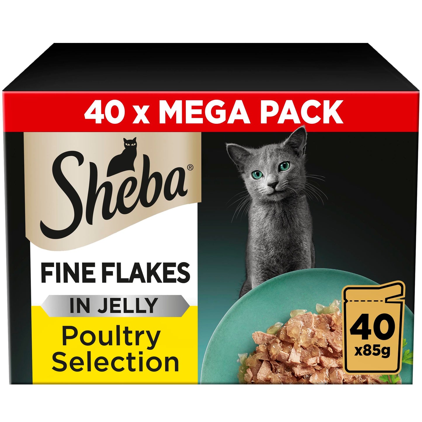 Sheba Fine Flakes in Jelly – Poultry Collection – Wet cat food pouches for adult cats – 40x85g pack