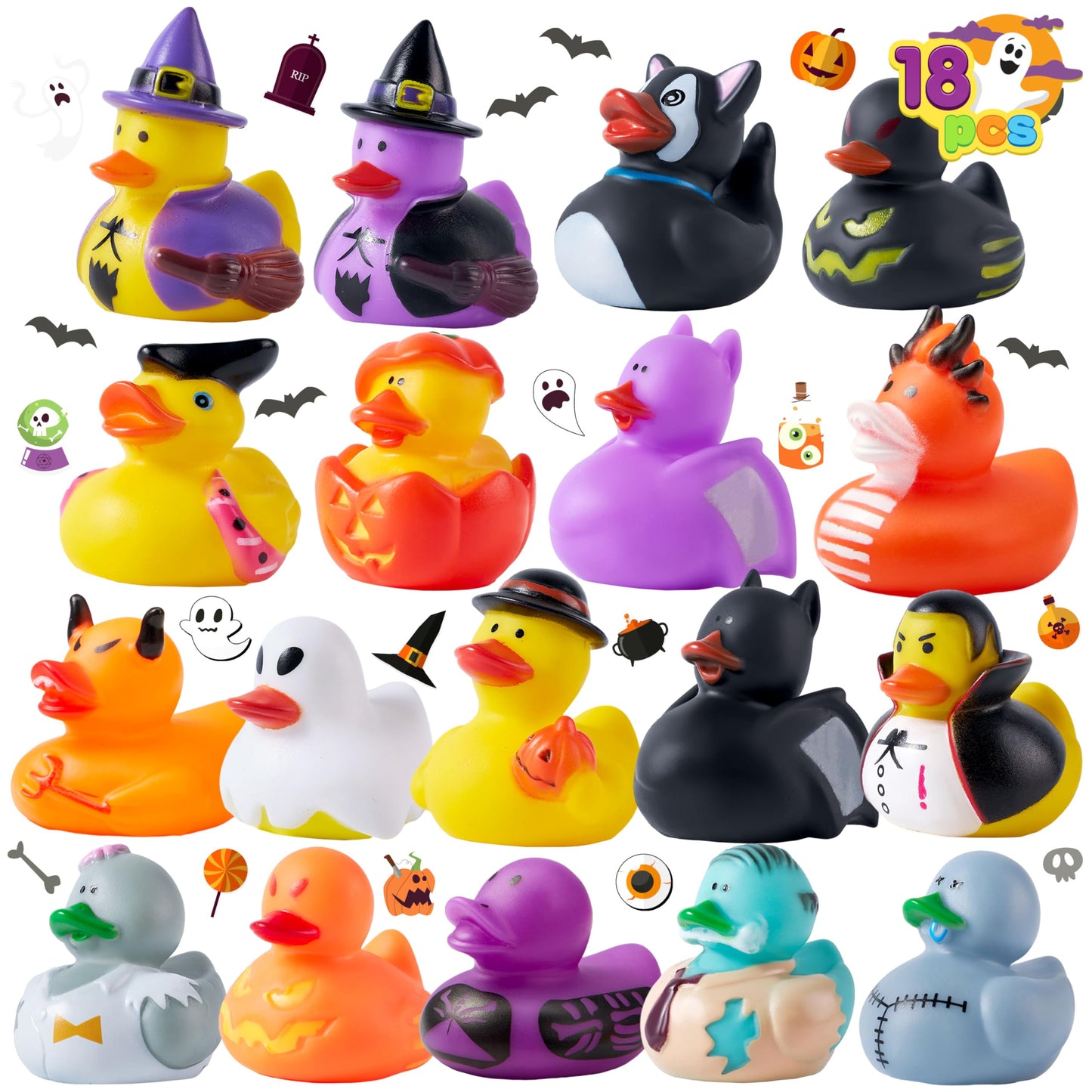 JOYIN 18 PCS Halloween Rubber Ducks, Halloween Ducks for Halloween Goodie Bag Fillers, Rubber Duckies Baby Bath Toys for Halloween Party Favors Decorations, School Classroom Game Prizes