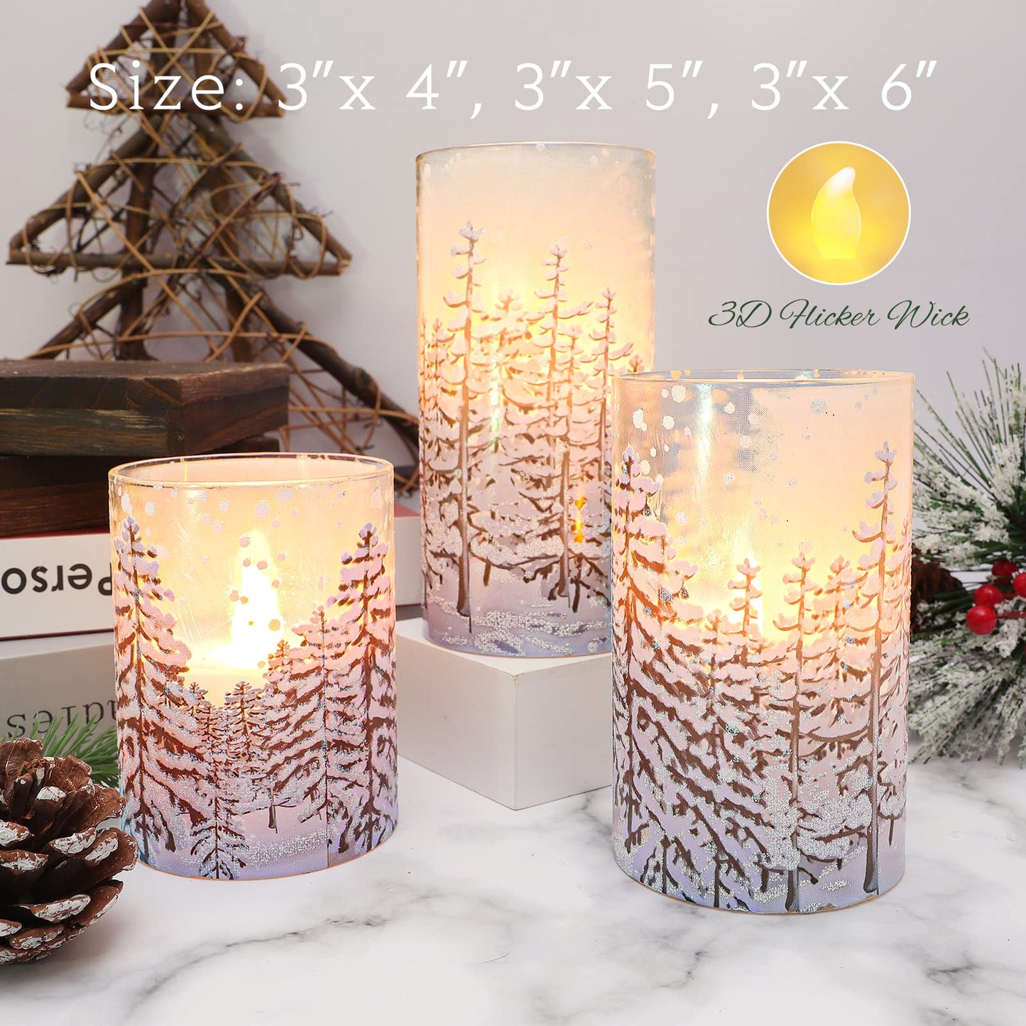 REVELBUNNY Christmas Tree Flameless Candles, Flickering Battery Operated LED Candles with Remote Timer, Snowflake Iced Glass Pillar Candles for Holiday Party Home Decoration Christmas Gifts, Set of 3