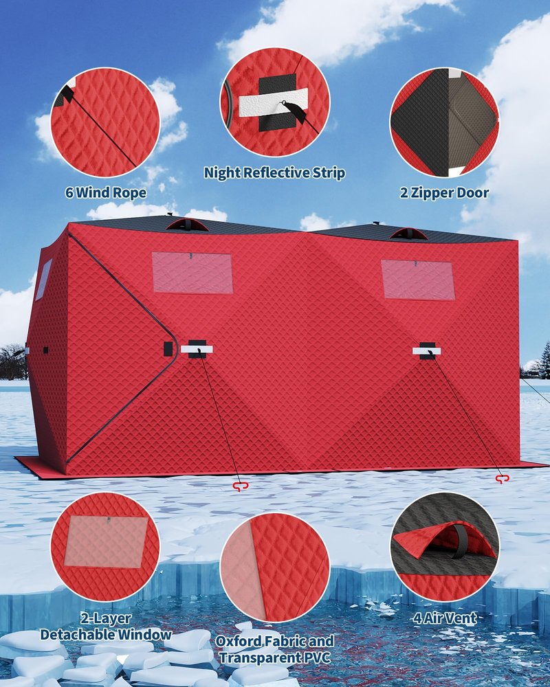 FinerFurnis Insulated Pop-Up Ice Fishing Tent for 6-8 Persons – Portable Winter Shelter – Windproof & Warm – Zippered Door, Anchors, Carry Bag – Large Size for Group Ice Fishing