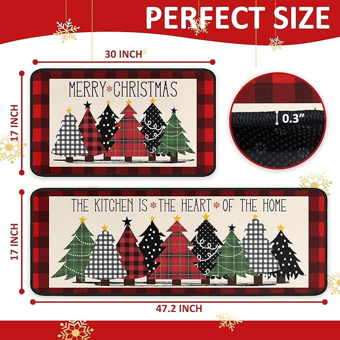 Buffalo Plaid Xmas Trees Merry Christmas Red Kitchen Rugs Set of 2, Non Skid Washable Soft Comfort Kitchen Rugs Set (17"x47"+17"x30",Merry Christmas)