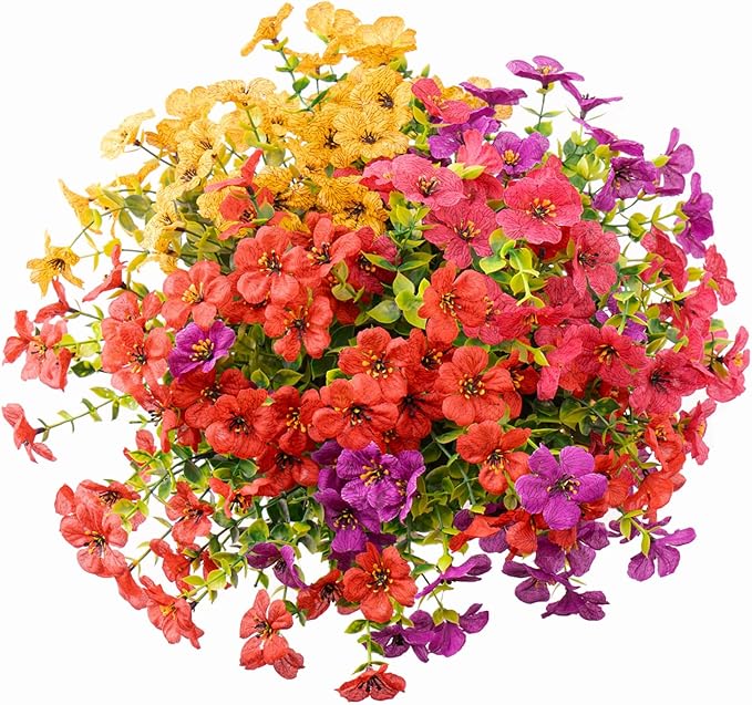 Outdoor Artificial Flowers, 12 Bundles Fake Flowers Summer Decoration, No Fade Faux Plastic Shrubs for Garden Patio Porch Window Box Decor (Fuchisa,Rose Yellow,Red)