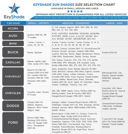 EzyShade Windshield Sun Shade with Shield-X Reflective Technology. See Size-Chart with Your Vehicle. Foldable 2-Piece Car Sunshades Reflect UV Sun and Heat and Protect Your Car. Standard (Medium) Size