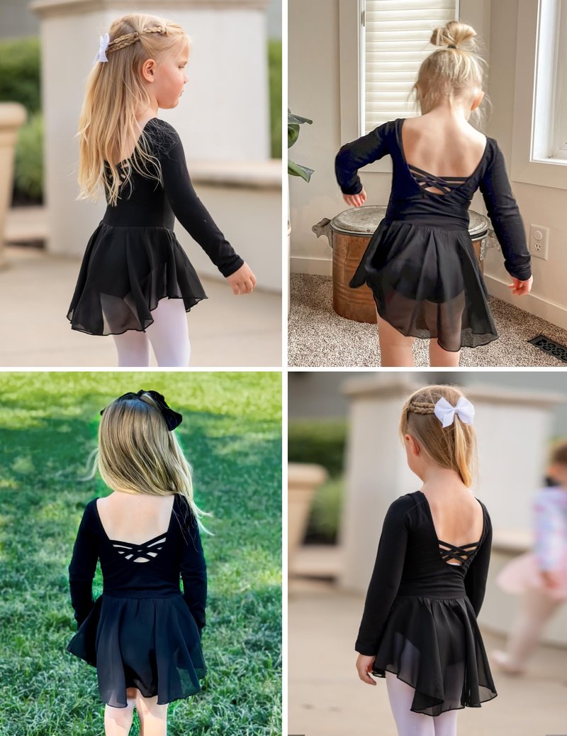 Arshiner Kids Girls Classic Long Sleeve Leotard Dance Ballet Dress, Black, 140(Age for 6-7Y)