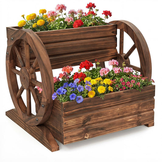 Byroce Wooden Wagon Planter Box, 2-Tier Raised Garden Bed with Drainage Holes for Flowers, Vegetables & Herbs, Indoor Outdoor Decorative Wheel Cart for Patio, Yard & Balcony, Rustic (1)