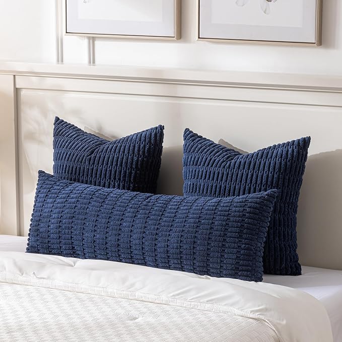 Fancy Homi Navy Blue Long Body Lumbar Decorative Throw Pillow Covers 14x36 Inch for Bed Couch Bedroom Bench, Soft Corduroy Rectangle Solid Pillow Case, Rustic Farmhouse Boho Room Decor
