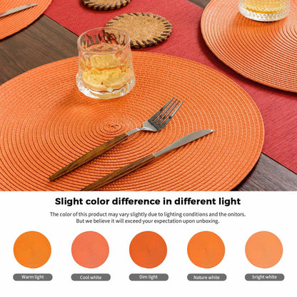FunWheat Round Braided Placemats Set of 6 Table Mats for Dining Tables Woven Washable Non-Slip Place mats 15 inch(Orange, 6pcs)