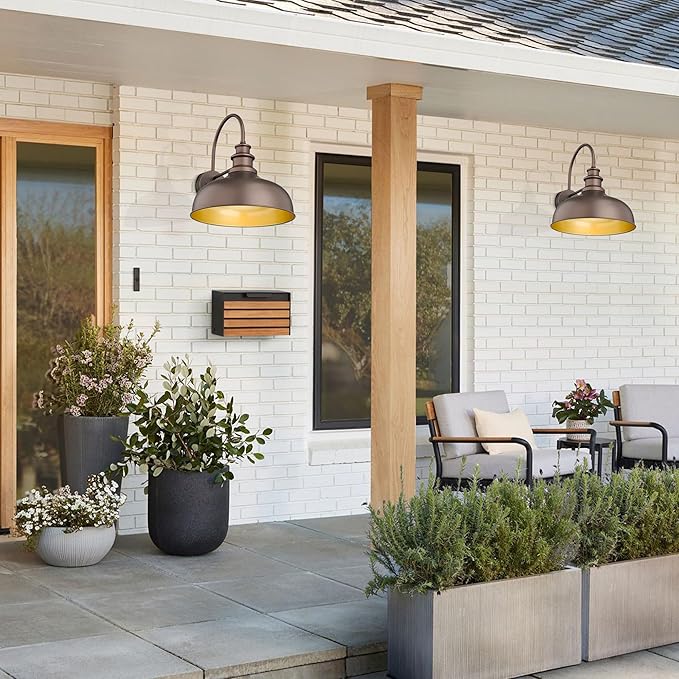 Bestshared 16 Inch Vintage Industrial Gooseneck Barn Light Farmhouse Outdoor Wall Sconce - Farmhouse Exterior Wall Mount Lighting Fixture for Garage, Patio, Porch,Front Door(Orb+Gold, 16"-2pack)