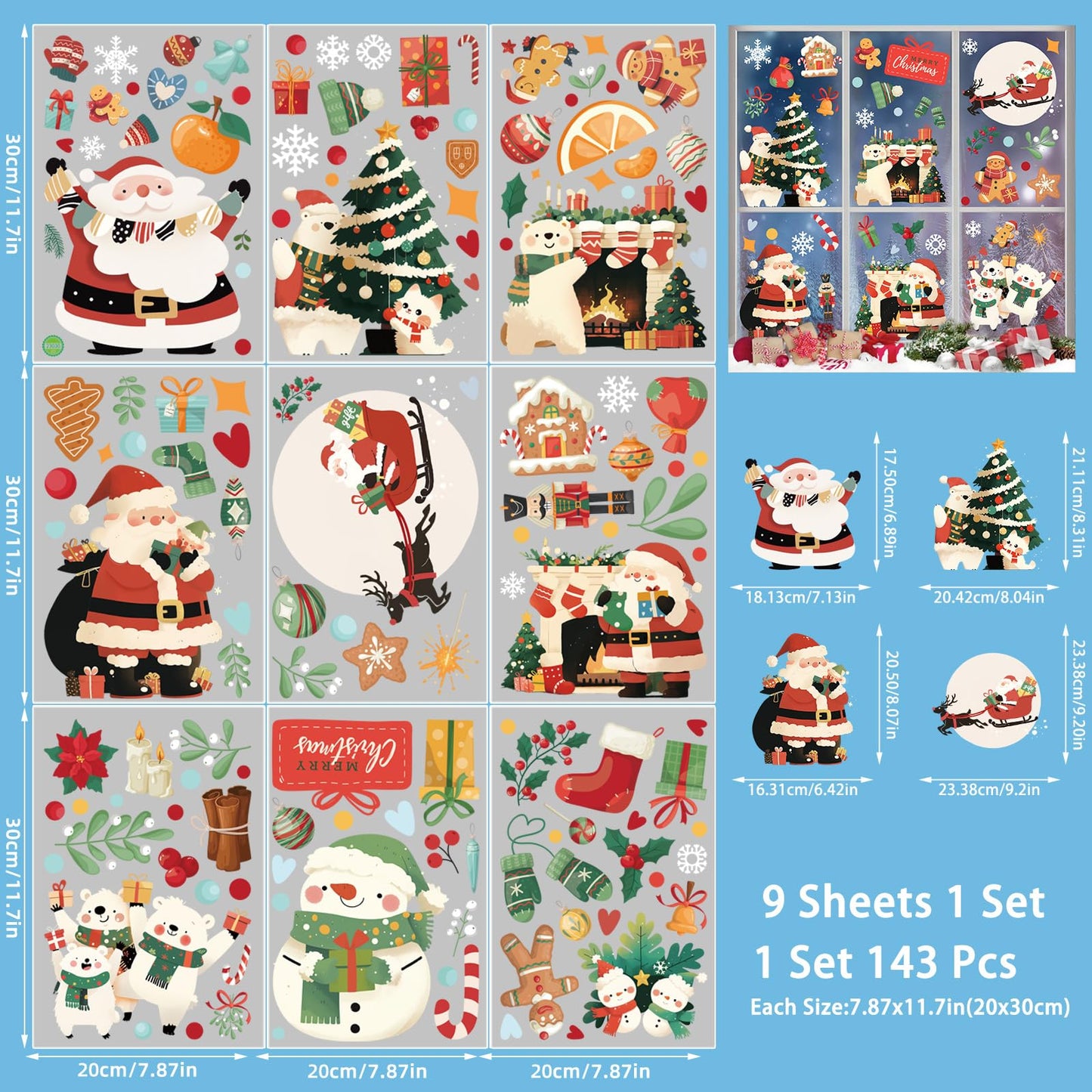 Wothfav 143 Pcs Christmas Decorations, 9 Sheets Christmas Window Clings for Glass, Santa Snowman Bears Xmas Stickers, Holiday Window Decals for Indoor Home Party Decor