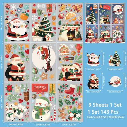 Wothfav 143 Pcs Christmas Decorations, 9 Sheets Christmas Window Clings for Glass, Santa Snowman Bears Xmas Stickers, Holiday Window Decals for Indoor Home Party Decor