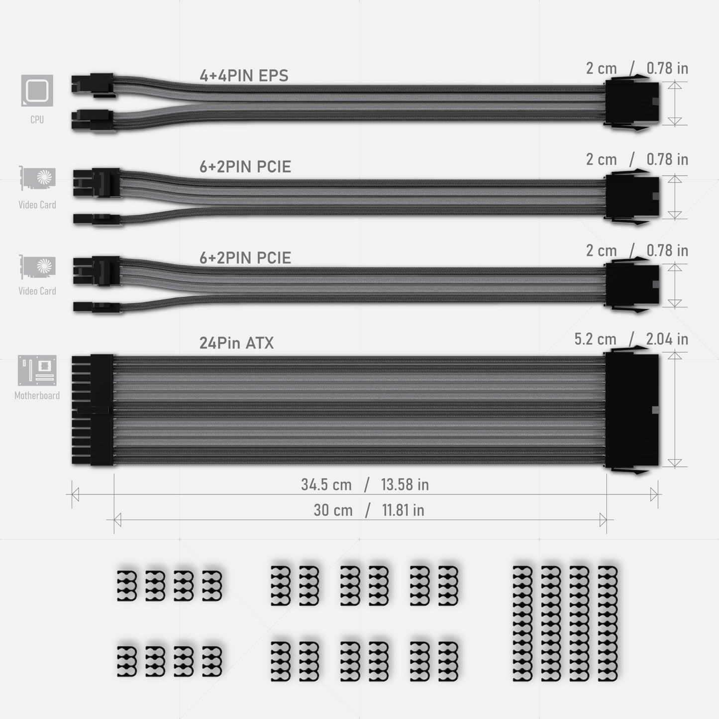 EZDIY-FAB PSU Extension Cable Sleeved Custom Mod PC Power Supply Cable, Soft Nylon Braided with Comb Kit 24PIN/8PIN to 6+2Pin/ 8PIN to 4+4PIN-30CM 300MM - Black Grey