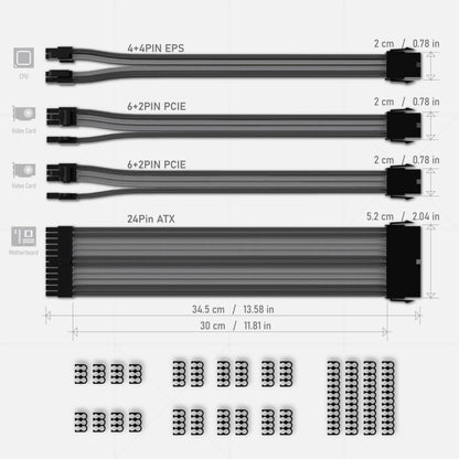 EZDIY-FAB PSU Extension Cable Sleeved Custom Mod PC Power Supply Cable, Soft Nylon Braided with Comb Kit 24PIN/8PIN to 6+2Pin/ 8PIN to 4+4PIN-30CM 300MM - Black Grey