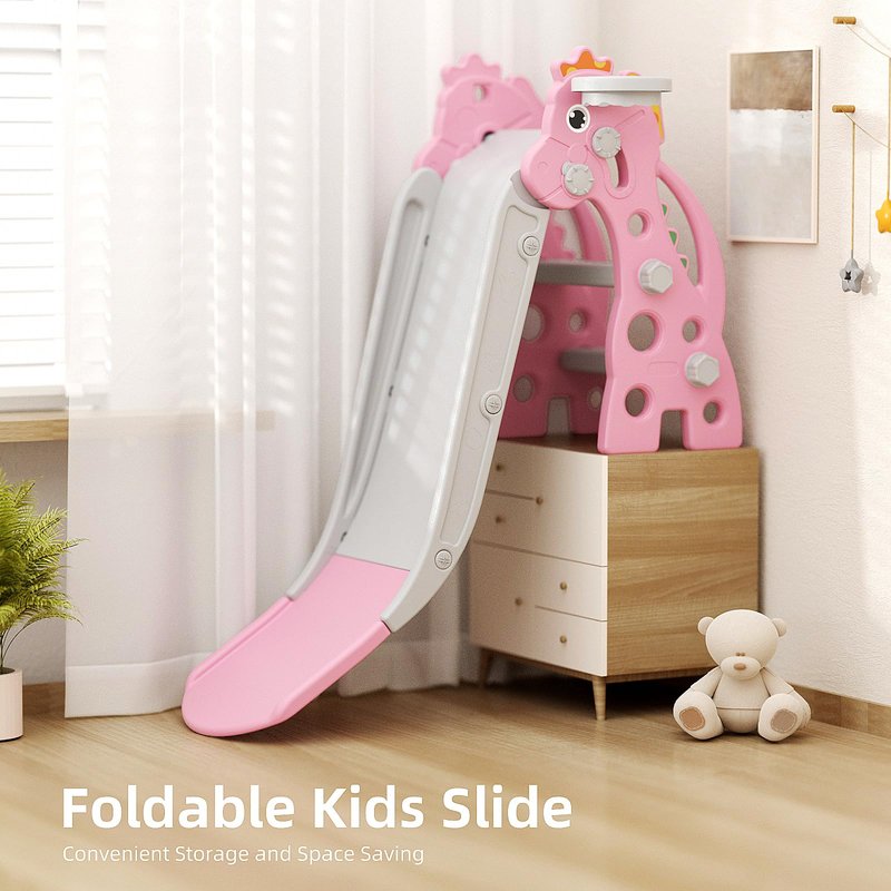 67i 3 in 1 Toddler Slide - 46.8 Inch Long Slide, 10-Min Easy Assembly, Foldable Anti-Tip Stable, Small Indoor Mini Slide for Toddlers 1-3, Baby Inside Slide Resbaladilla Indoor Outdoor Gift (Pink)