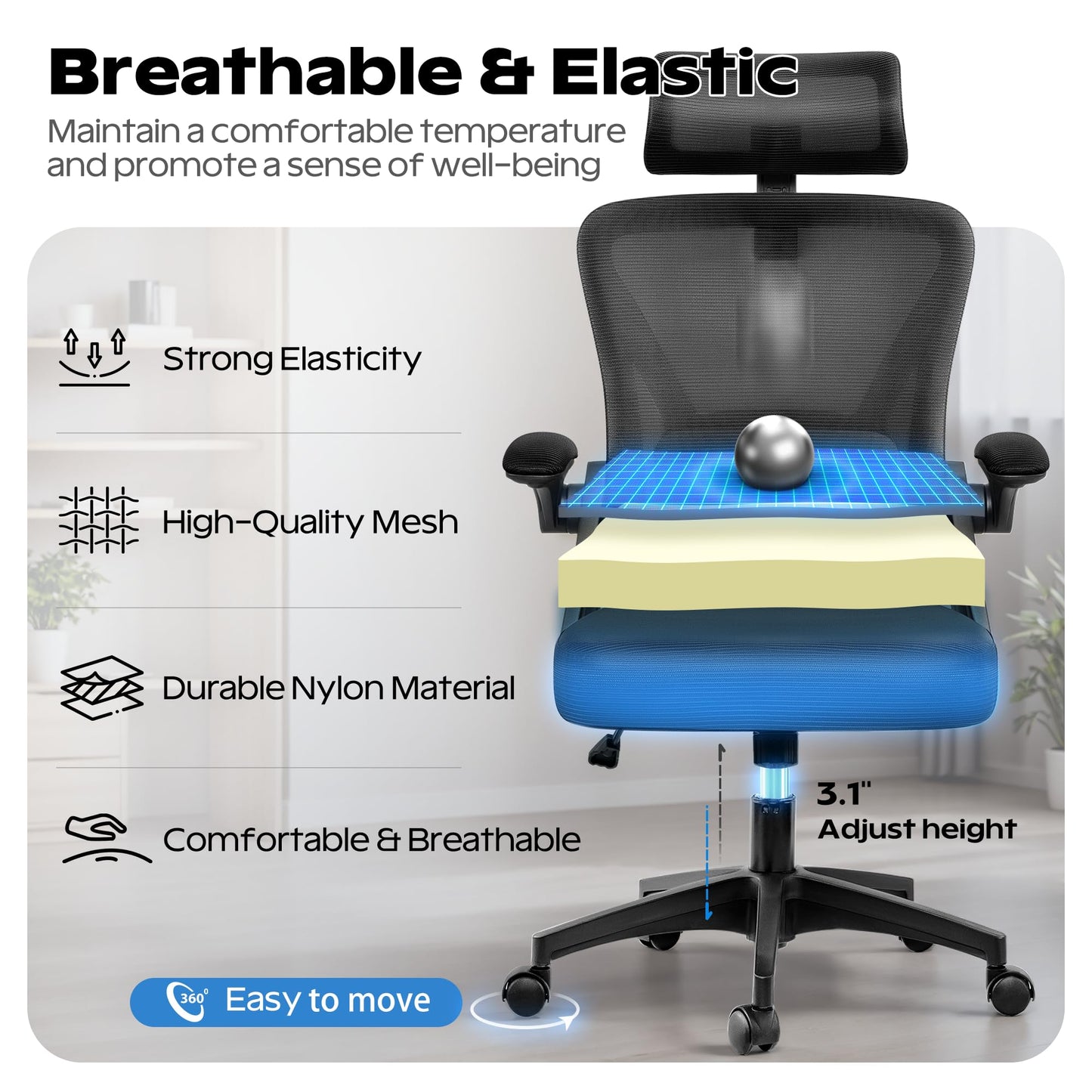 Ergonomic Office Chair, Home Office Desk Chair with Headrest, High Back Mesh Chair with Flip-up Armrests, Comfy Desk Chair with Lumbar Support, Rolling Swivel Task Computer Chair for Home Office