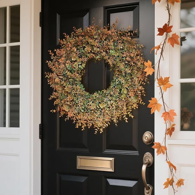 26" Fall Wreath for Front Door - Large Artificial Eucalyptus Leaves with Orange Seeds Outdoor Wreath for Porch, Window,Farmhouse,Home,Thanksgiving Day Harvest Festival Autumn Decor
