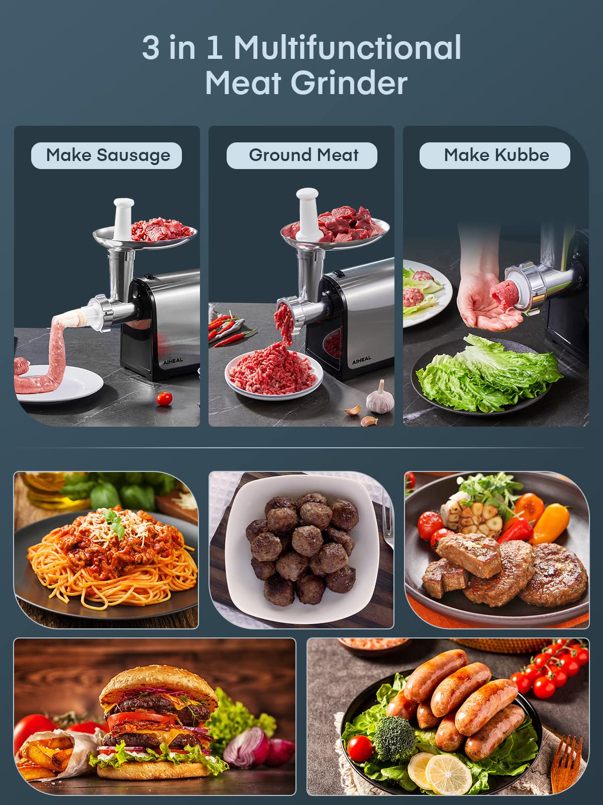 Electric Meat Grinder, Sausage Stuffer with 3 Sausage Tubes, 2 Blades, 3 Plates, 3200W Max, Meat Grinder Heavy Duty for Home Kitchen Use, Stainless Steel (Black)