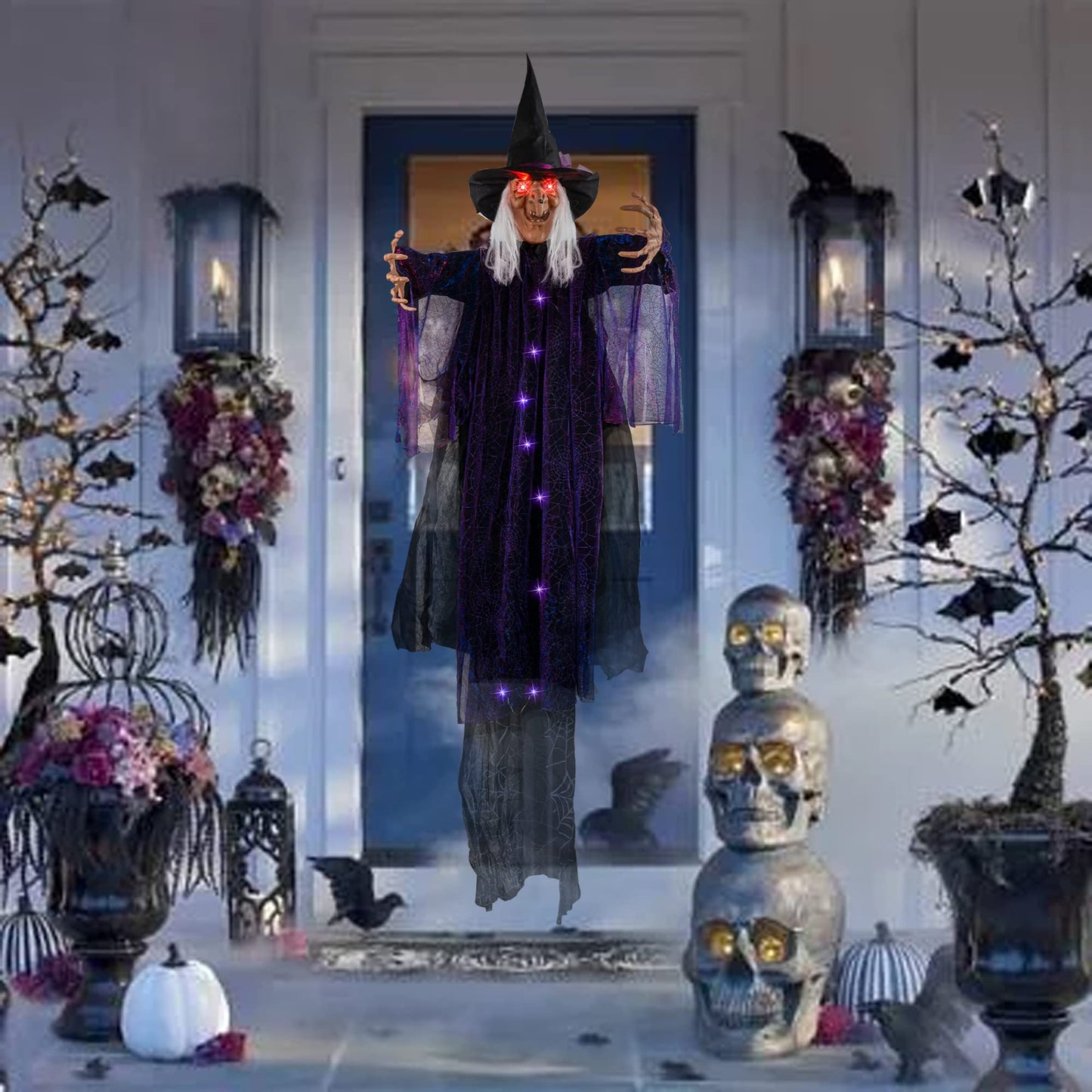 FUNPENY 6 FT Hanging Witch Outdoor Halloween Decorations, Light Up Hanging Witch with Sound Activation for Halloween Haunted House Props Party Supplies Yard Outdoor Indoor Decor