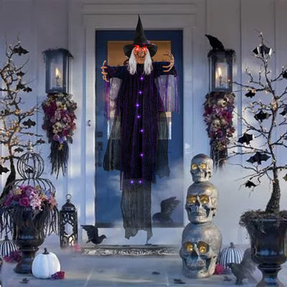 FUNPENY 6 FT Hanging Witch Outdoor Halloween Decorations, Light Up Hanging Witch with Sound Activation for Halloween Haunted House Props Party Supplies Yard Outdoor Indoor Decor